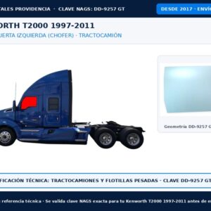 Cristal Puerta Kenworth T2000 1997-2011 Izquierda Chofer Clave NAGS DD-9257 GT — Fotografía de referencia técnica Autocristales Providencia