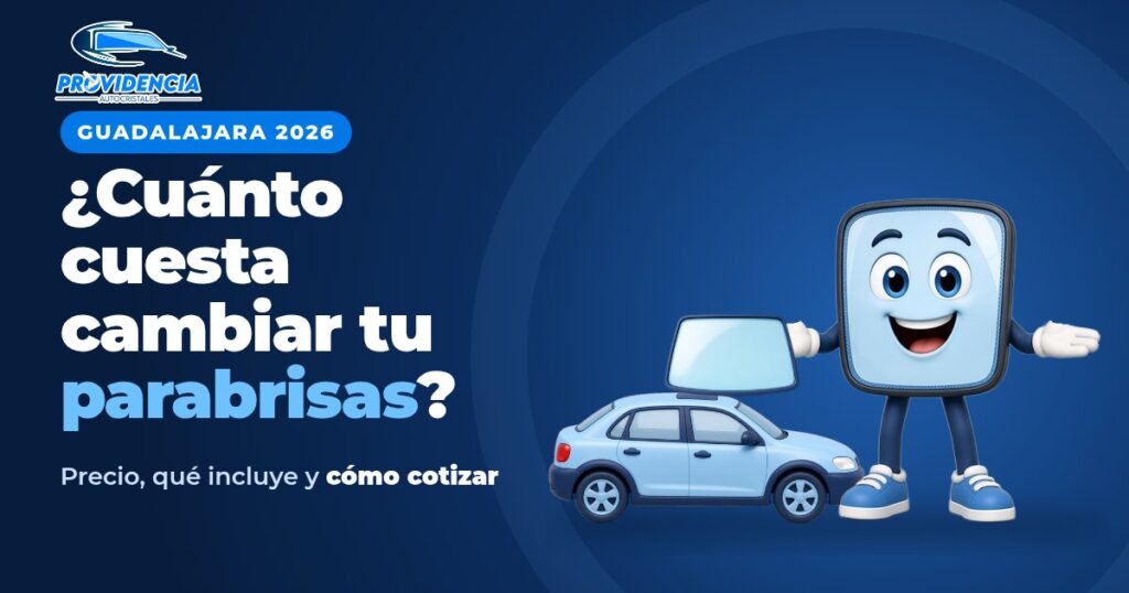 Provi, mascota de Autocristales Providencia, junto a un auto y un parabrisas nuevo: precio de cambio de parabrisas en Guadalajara